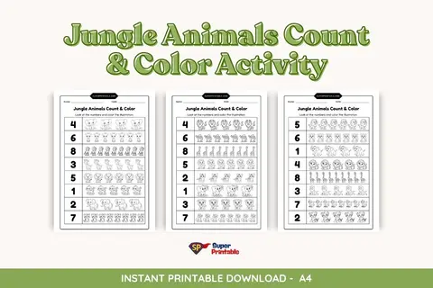 Jungle Animals Count & Color Activity Coloring Pages