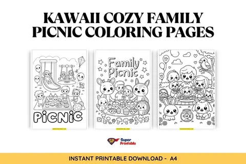 Kawaii Cozy Family Picnic Coloring Pages Feature Image
