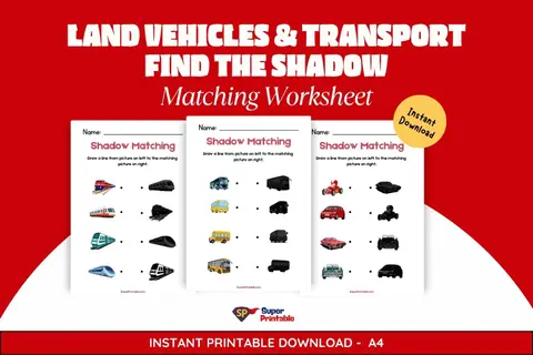 Land Vehicles & Transport Find The Shadow Matching Worksheet