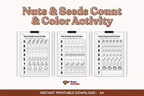 Nuts & Seeds Count & Color Activity Coloring Pages
