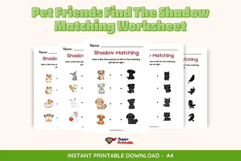 Pet Friends Find The Shadow Matching Worksheet