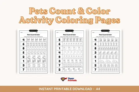 Pets Count & Color Activity Coloring Pages