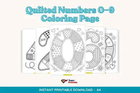 Quilted Numbers 0–9 Coloring Page