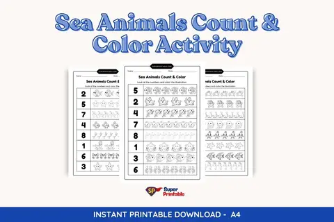 Sea Animals Count & Color Activity Coloring Pages