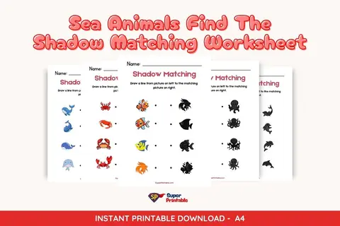 Sea Animals Find The Shadow Matching Worksheet Feature Image