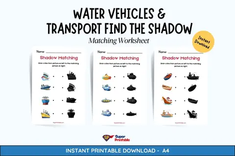 Water Vehicles & Transport Find The Shadow Matching Worksheet Feature Image