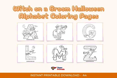Witch on a Broom Halloween Alphabet Coloring Pages