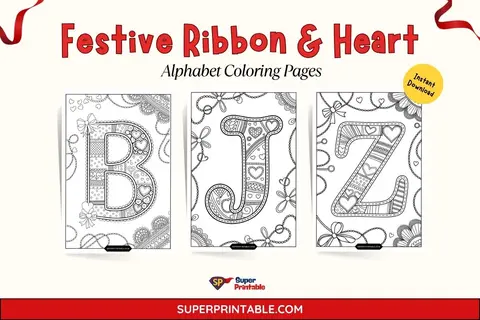 Festive Ribbon & Heart Alphabet Coloring Pages Feature Image