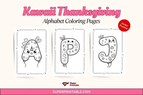 Kawaii Thanksgiving Alphabet Coloring Pages Feature Image