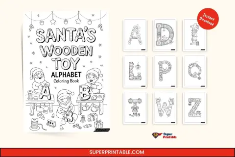 Santa's Wooden Toy Alphabet Coloring Page Feature Image