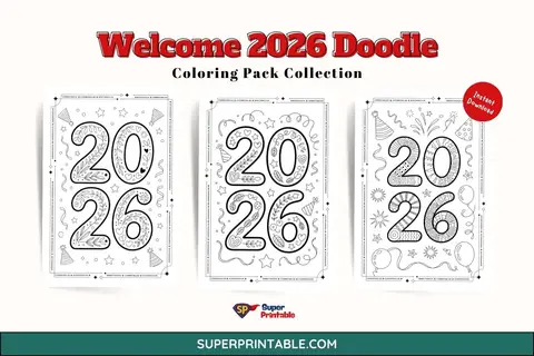 20+ Welcome 2026 Doodle Coloring Pack