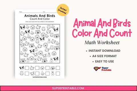 Animal And Birds Color And Count Math Worksheet Feature Image
