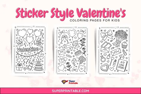 20 Sticker Style Valentine's Coloring Pages