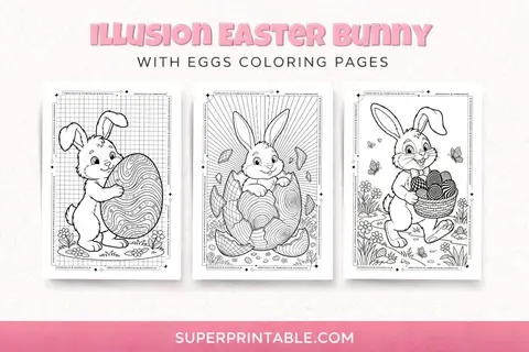 7 Illusion Easter Bunny With Eggs Coloring Pages Feature Image
