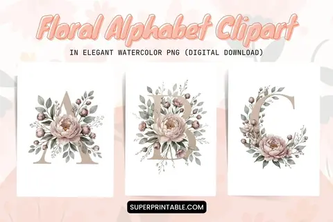 Floral Alphabet Clipart in Elegant Watercolor PNG (Digital Download) Feature Image