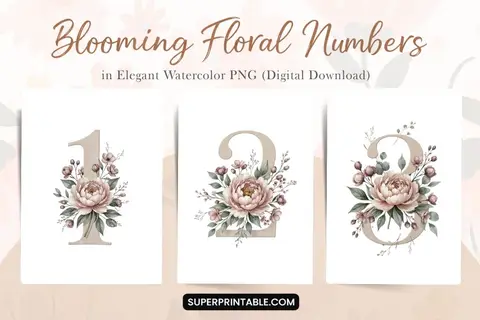 Floral Numbers Clipart in Elegant Watercolor PNG (Digital Download) Feature Image
