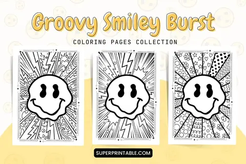 Groovy Smiley Burst Coloring Pages Feature Image
