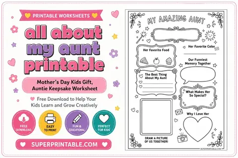 All About my Aunt Printable - Mother’s Day Kids Gift, Auntie Keepsake Worksheet Feature Image