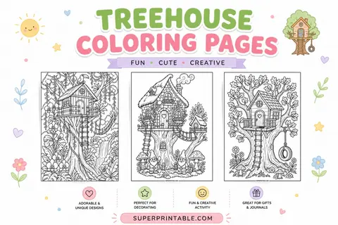 12+ Treehouse Coloring Pages Feature Image