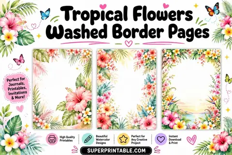 12+ Tropical Flowers Washed Border Pages 