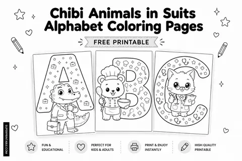 Chibi Animals in Suits Alphabet Coloring Pages Feature Image