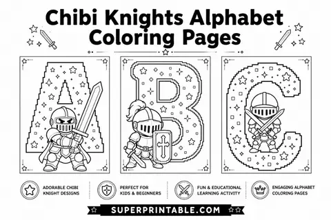 Chibi Knights Alphabet Coloring Pages Feature Image