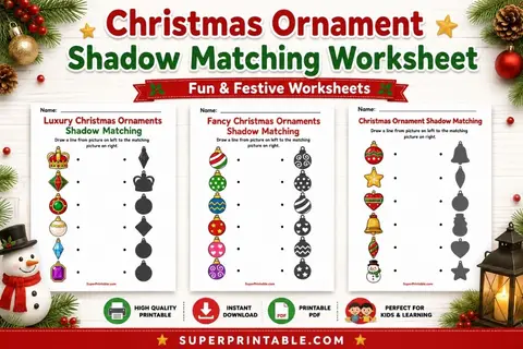Christmas Ornament Shadow Matching Worksheet Feature Image