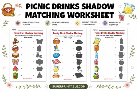 Picnic Drinks Shadow Matching Worksheet Feature Image