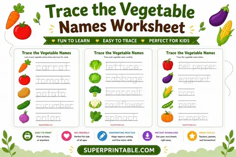 Trace the Vegetable Names Worksheet Feature Image