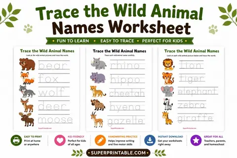 Trace the Wild Animal Names Worksheet Feature Image