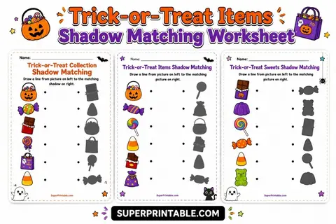 Trick-or-Treat Items Shadow Matching Worksheet Feature Image