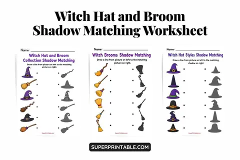Witch Hat and Broom Shadow Matching Worksheet 