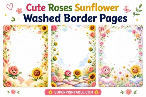 19 Cute Roses Sunflower Washed Border Pages