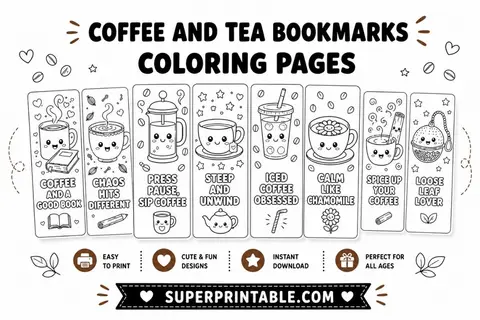 20 Coffee and Tea Bookmarks Coloring Pages Feature Image