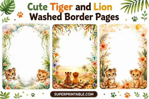 20 Cute Tiger and Lion Washed Border Pages Feature Image