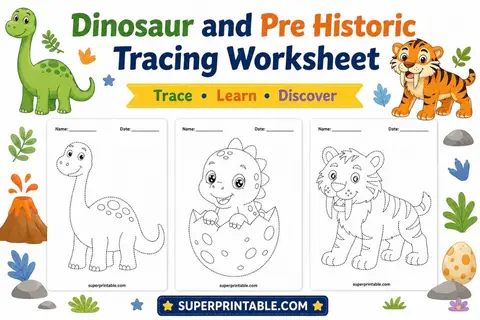20 Dinosaur and Pre Historic Tracing Worksheet Feature Image