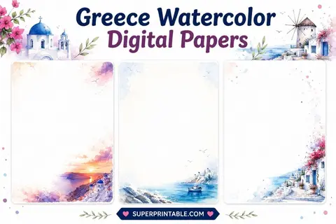 20 Greece Watercolor Digital Papers Feature Image