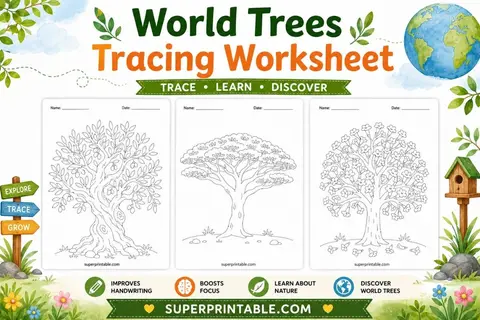 30 World Trees Tracing Worksheet