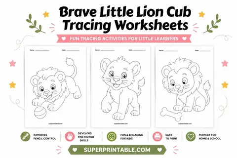 Brave Little Lion Cub Tracing Worksheets Feature Image