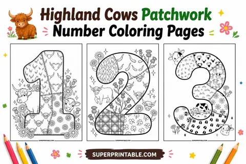 Highland Cows Patchwork Number Coloring Pages