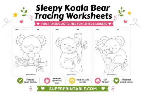 Sleepy Koala Bear Tracing Worksheets Feature Image