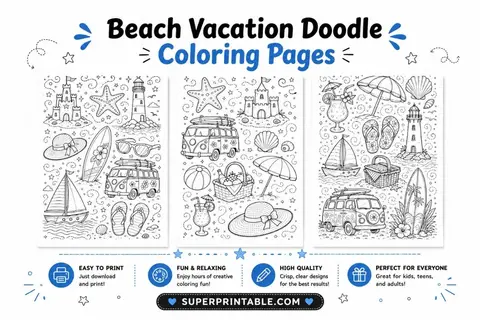 10+ Beach Vacation Doodle Coloring Pages Feature Image