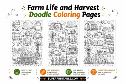 10+ Farm Life and Harvest Doodle Coloring Pages Feature Image