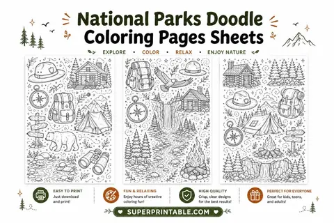 10+ National Parks Doodle Coloring Pages Sheets Feature Image