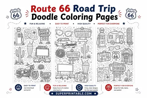 10+ Route 66 Road Trip Doodle Coloring Pages Feature Image