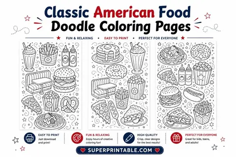 12+ Classic American Food Doodle Coloring Pages Feature Image