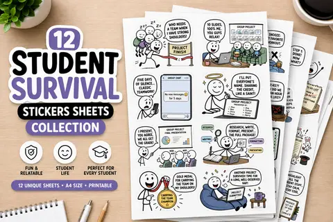 12 Student Survival Stickers Sheets Collection