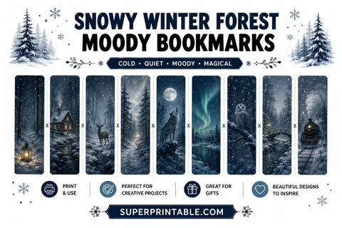 16 Free Snowy Winter Forest Moody Bookmarks