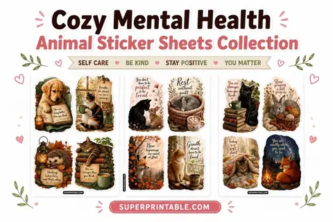 Cozy Mental Health Animal Sticker Sheets Collection Feature Image