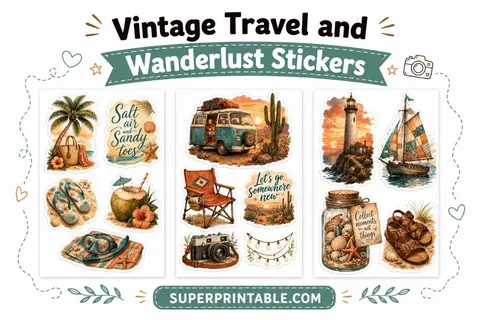Free Vintage Travel and Wanderlust Sticker Collection Printable Bundle Kit Feature Image
